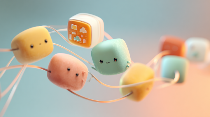 Flujo con nodos en Freepik Spaces ilustrado con bloques kawaii conectados, metáfora visual de texto-imagen-video.