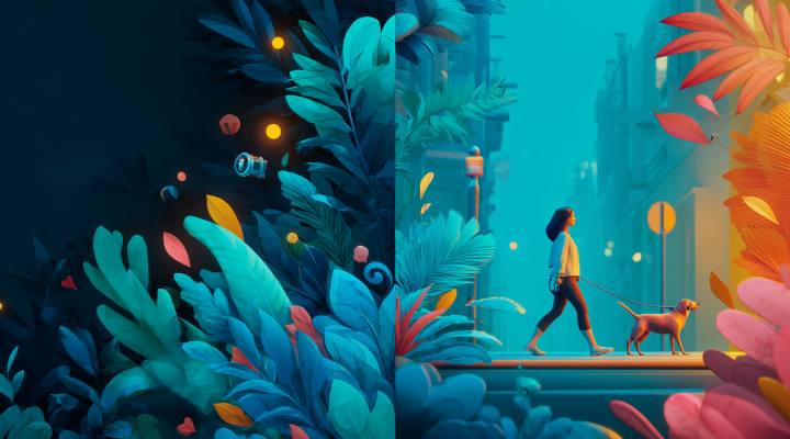 WAN 2.5 vs VEO3 – Comparativa visual (Higgsfield) Comparativa visual: selva frente a escena urbana con mujer paseando a su perro, estilo cinematográfico.