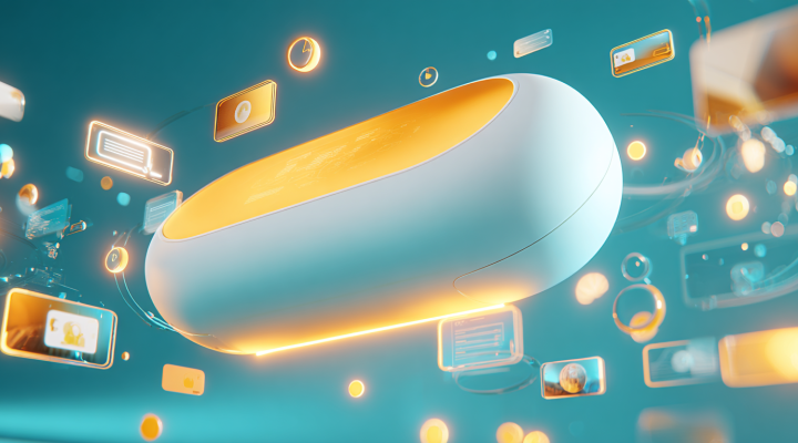 Ilustración 3D de un asistente de IA con burbujas de chat en un entorno colorido