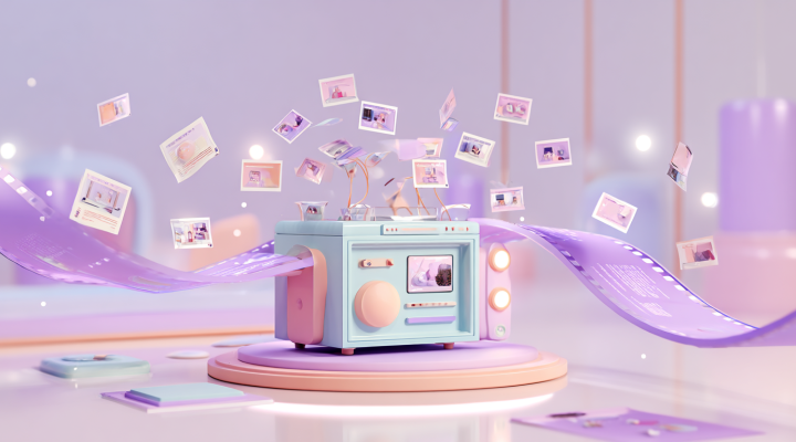 Portada Veo 3.1: texto a video, ingredientes y timeline Módulo de video 3D con tarjetas-ingrediente flotando y timeline extendido en estilo pastel.