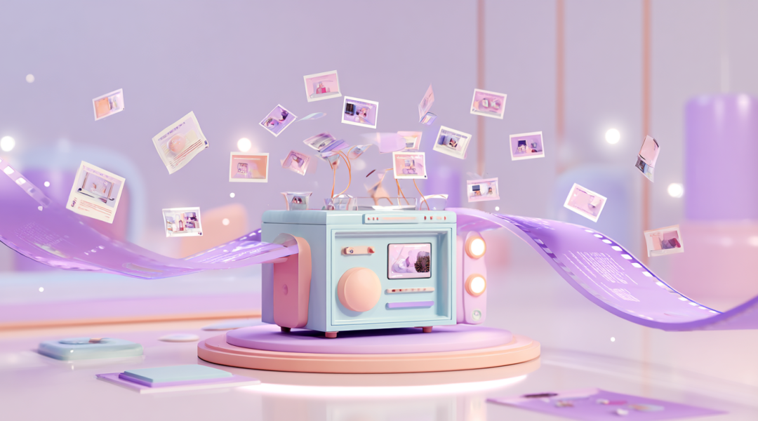 Módulo de video 3D con tarjetas-ingrediente flotando y timeline extendido en estilo pastel.