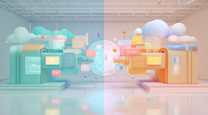 Visual conceptual de dos sistemas de inteligencia artificial generativa conectados, representando la colaboración entre Meta y Midjourney con elementos gráficos de imagen y video.