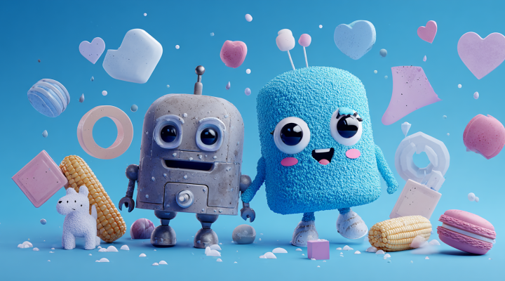 Ilustración en estilo clay 3D: robot gris y personaje azul con ojos grandes sobre fondo azul, rodeados de formas y dulces flotantes.
